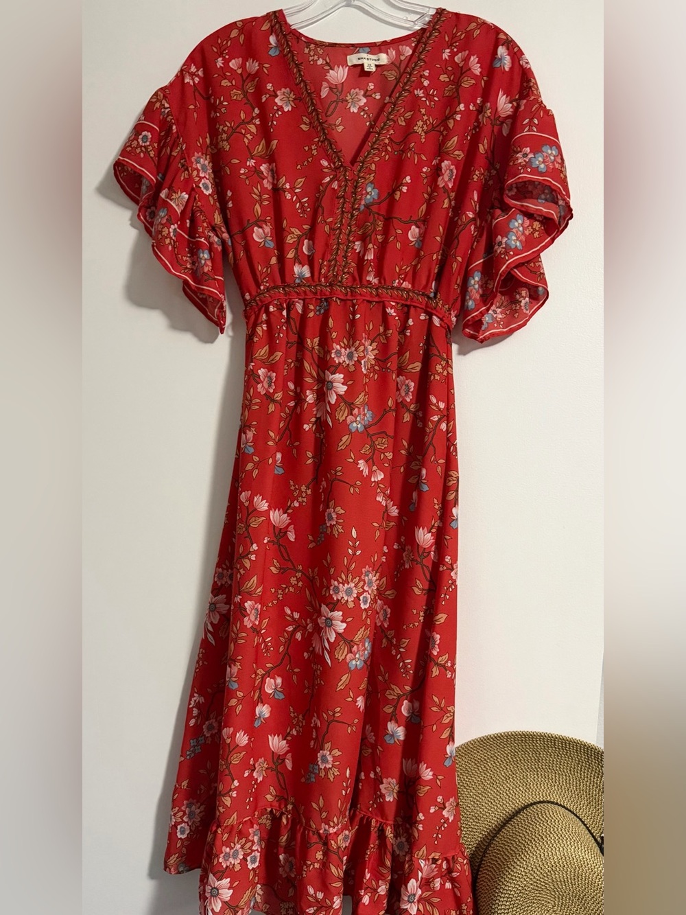 MAX STUDIO Floral Vneck Sheer Ruffle Slv& Hem Midi DRESS NWOT